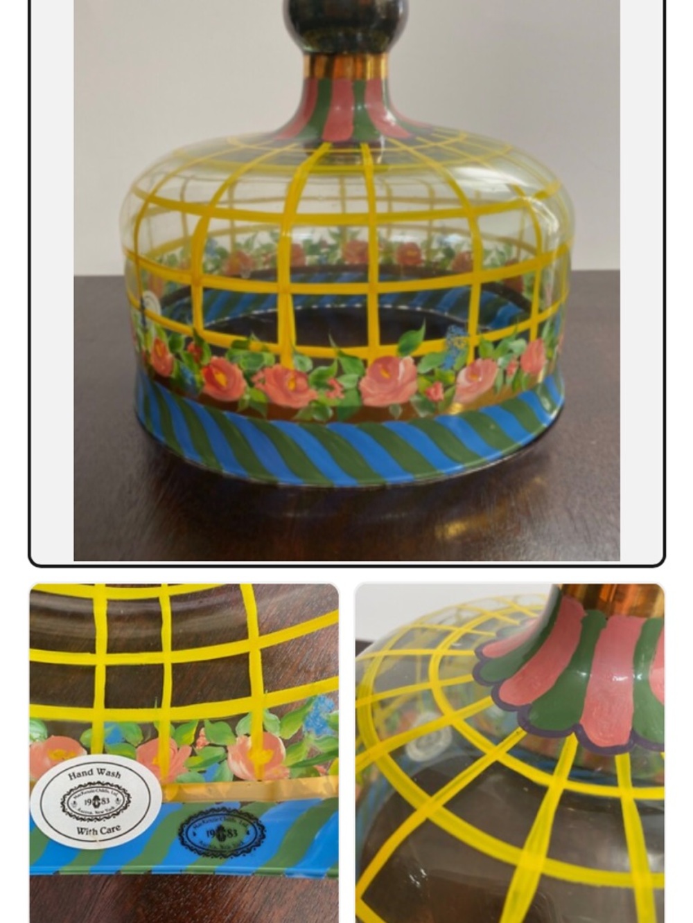 MacKenzie-Childs Hand-Painted Glass Dome Cloche in Yellow, Blue, Pink, Green